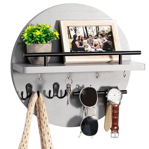 Wall Decorative Key Holder with Shelf and Hooks - Rustic Home Decor for Mail Organization and Entryway Organization
| M