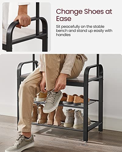 VASAGLE UHSR40MB Coat Rack, Hall Tree with Shoe Bench for Entryway, 4-in-1 with 9 Hooks and Hanging Rod, Greige and Blac