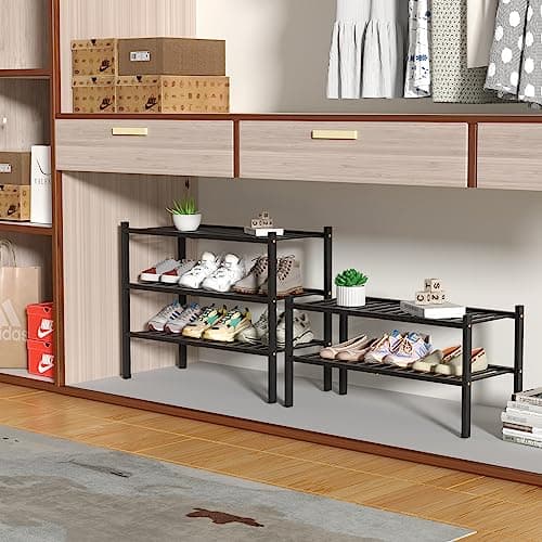 Black 3 Tier Bamboo Shoe Rack for Closet Free Standing Wood Shoe Shelf Storage Organizer for Entryway Small Space Stacka