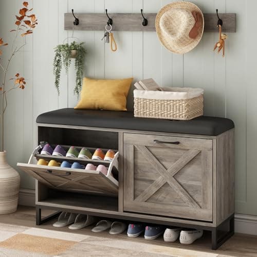 Maupvit Rustic Brown Shoe Cabinet with 2 Flip Drawers and Coat Rack
| Maupvit Shoe Storage Bench with Seat Cushion and