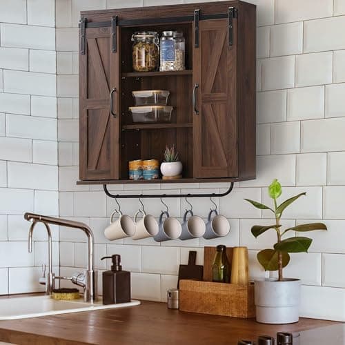 RUSTOWN Dark Walnut Rustic Wood Wall Storage Cabinet with Two Sliding Barn Door, 3-Tier Decorative Farmhouse Vintage Cab
