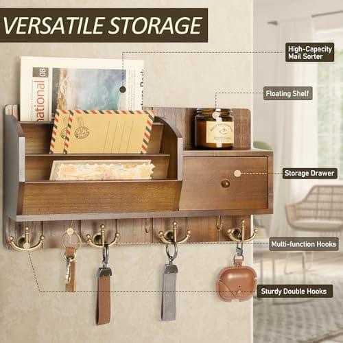 Modern Farmhouse Key Holder with Hooks and Mini Drawer - Rustic Apartment Essentials for Home Improvement (Brown & Golde