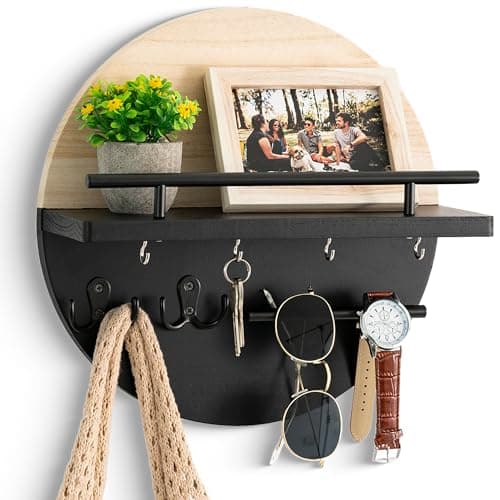 Wall Decorative Key Holder with Shelf and Hooks - Rustic Home Decor for Mail Organization and Entryway Organization
| M