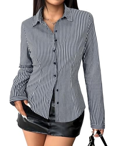 Gleeivy Women's Striped Button Down Shirts Y2k Crop Tops V Neck Collared Slim Fit Blouses Flare Sleeve Streetwear