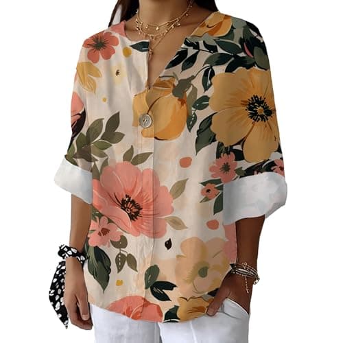 Bivenant Women's Floral Blouses Vintage Cotton Linen Button V-Neck T-Shirts 3/4 Sleeve Boho Tunic Tops for Summer
| Wom