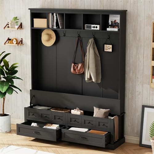 Wide Hall Tree with Lift Top Storage Bench and Drawers for Living Room, Retro Wooden Entrance Organizer with Hooks and O