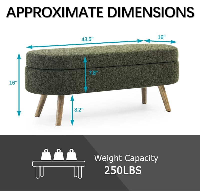 Dark Green Linen Fabric Upholstered Oval Storage Bench with Solid Wood Legs for Living Room/Bedroom/End of Bed/Entryway