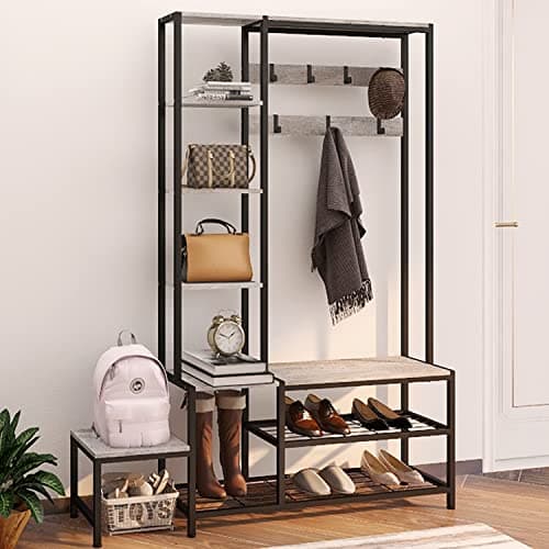 5-in-1 Industrial Hall Tree with Shoe Storage Bench Coat RackSmall Cute Side Bench with 7 Hooks and 4 Tier Storage Shelv