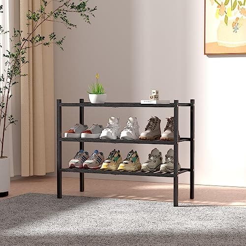 Black 3 Tier Bamboo Shoe Rack for Closet Free Standing Wood Shoe Shelf Storage Organizer for Entryway Small Space Stacka