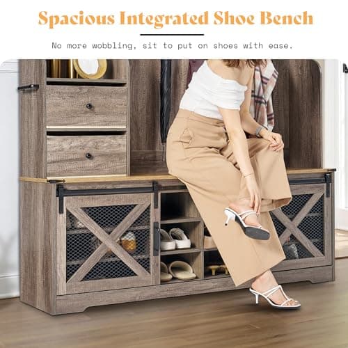 AMERLIFE Rustic Gray 7-in-1 Farmhouse Hall Tree for Entryway Organizing with 12 Shoe Cubbies and 7 Coat Racks