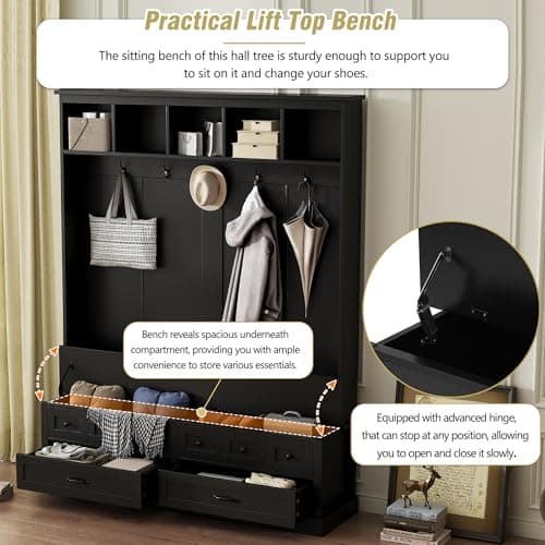 Wide Hall Tree with Lift Top Storage Bench and Drawers for Living Room, Retro Wooden Entrance Organizer with Hooks and O