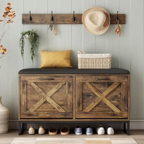 Maupvit Rustic Brown Shoe Cabinet with 2 Flip Drawers and Coat Rack
| Maupvit Shoe Storage Bench with Seat Cushion and