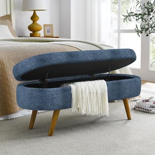 Dark Green Linen Fabric Upholstered Oval Storage Bench with Solid Wood Legs for Living Room/Bedroom/End of Bed/Entryway