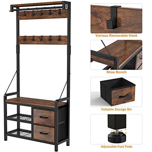 Lulive Hall Tree, Freestanding Entryway Bench with Coat Rack, Rustic Brown, 17 Hooks and Drawers, 5 in 1 Intelligent Des