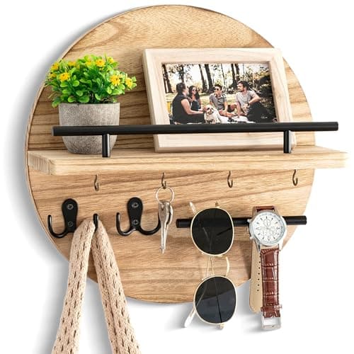 Wall Decorative Key Holder with Shelf and Hooks - Rustic Home Decor for Mail Organization and Entryway Organization
| M