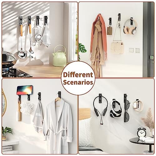 Self-Adhesive Black Metal Wall Hooks - 4 Pack for Bathrooms, Shower, Kitchen & Doors: Hold up to 13 LB
