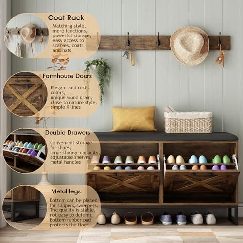 Maupvit Rustic Brown Shoe Cabinet with 2 Flip Drawers and Coat Rack
| Maupvit Shoe Storage Bench with Seat Cushion and
