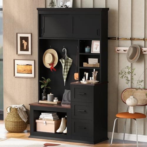 Modern Hall Tree with Entryway Bench, Storage, and Anti-Tipping Device for Living Room and Hallway, Black