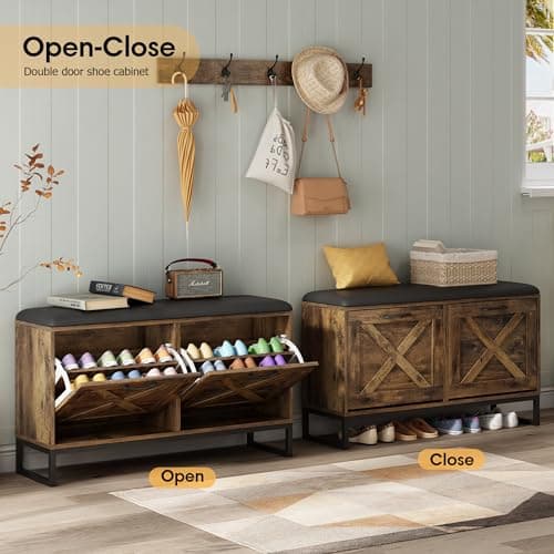 Maupvit Rustic Brown Shoe Cabinet with 2 Flip Drawers and Coat Rack
| Maupvit Shoe Storage Bench with Seat Cushion and