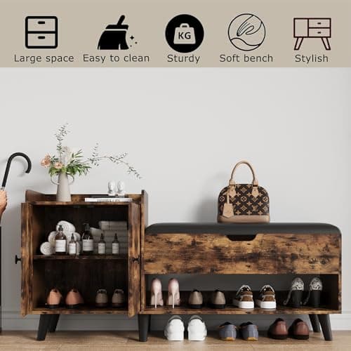 50" Entryway Shoe Bench with Hidden Storage | Storage Bench with Shelf and Cabinet for Bedroom, Living Room, and Hallway