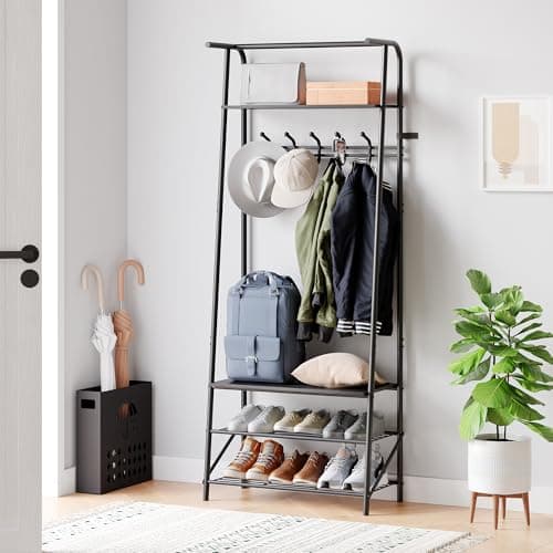 Hall Trees Entryway Bench with Storage (Grey+Black, 5 Hooks-25.2 in)  
Multifunctional Hallway Organizer with Wood Look