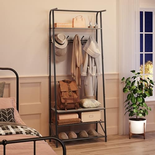 Hall Trees Entryway Bench with Storage (Grey+Black, 5 Hooks-25.2 in)  
Multifunctional Hallway Organizer with Wood Look