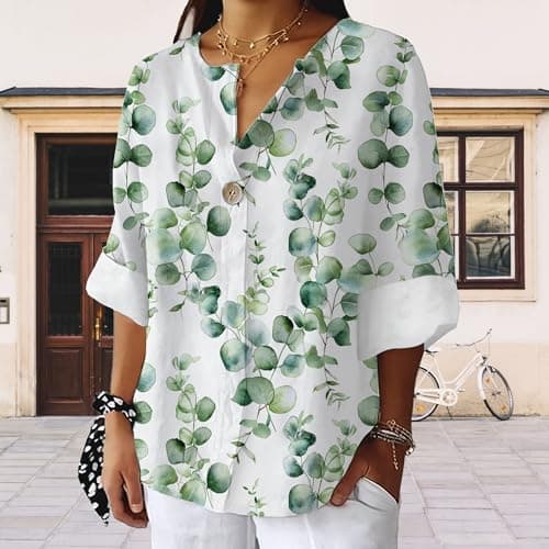 Bivenant Women's Floral Blouses Vintage Cotton Linen Button V-Neck T-Shirts 3/4 Sleeve Boho Tunic Tops for Summer
| Wom