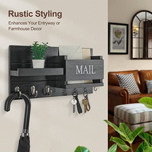 Wall Mount Mail Organizer with Key Holder & Shelf - Farmhouse Decor for Hallway (16.5" x 9.1" x |4") (Rustic Wood, Blac