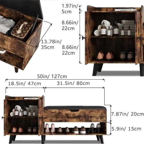 50" Entryway Shoe Bench with Hidden Storage | Storage Bench with Shelf and Cabinet for Bedroom, Living Room, and Hallway
