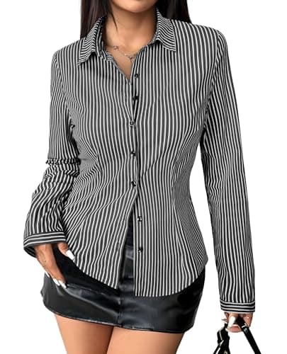 Gleeivy Women's Striped Button Down Shirts Y2k Crop Tops V Neck Collared Slim Fit Blouses Flare Sleeve Streetwear