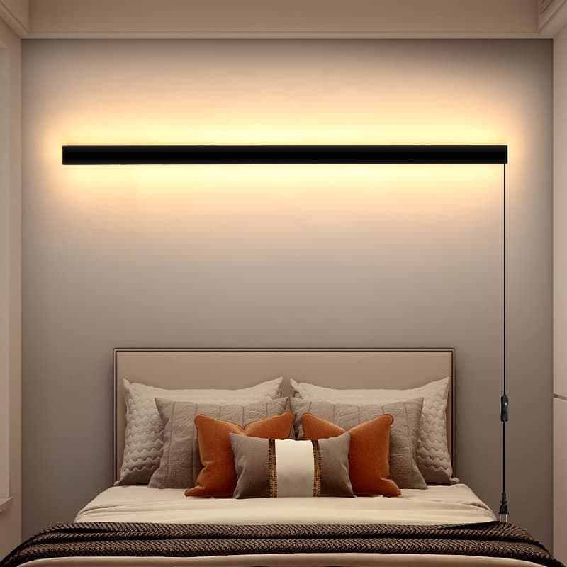 Modern Plug-in Long Wall Sconce, 39" Black Matte LED Wall Lights, 20W Warm White 3000K Acrylic Indoor Wall Lamp for Bedr