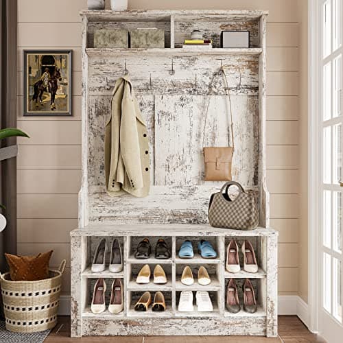 Itaar Embossed White 3-in-1 Entryway Bench with Coat Rack and Shoe Storage