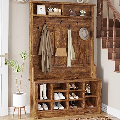 Itaar Embossed White 3-in-1 Entryway Bench with Coat Rack and Shoe Storage