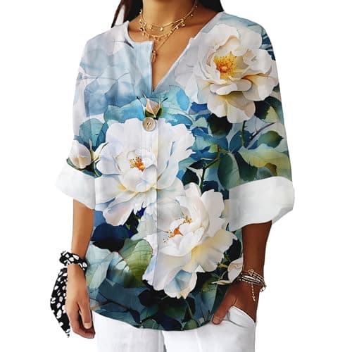 Bivenant Women's Floral Blouses Vintage Cotton Linen Button V-Neck T-Shirts 3/4 Sleeve Boho Tunic Tops for Summer
| Wom