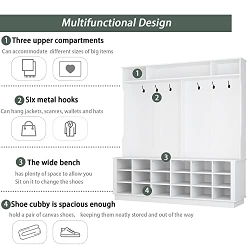 White Wide Hall Tree with Shoe Storage Bench, 18 Shoe Storage Cube & 3 Top Cube, Modern 4-in-1 Entryway Coat Rack for Ha