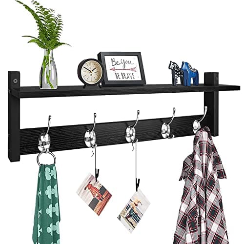 Homode Black Wall Mount Coat Rack with Shelf, 24" Long Entryway Organizer, Wooden Hooks for Hats, Towels, Clothes