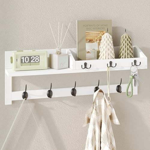 AMBIRD Entryway Wood Shelf With 5 Dual Hooks - 26.57-Inch Wall Hanging Shelf for Coat Storage (White)  
Entryway Wood Or