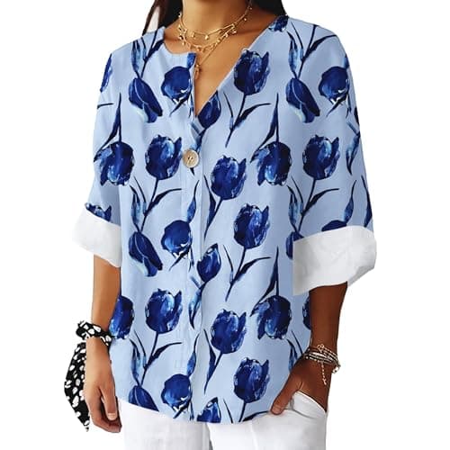 Bivenant Women's Floral Blouses Vintage Cotton Linen Button V-Neck T-Shirts 3/4 Sleeve Boho Tunic Tops for Summer
| Wom