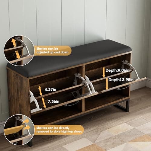 Maupvit Rustic Brown Shoe Cabinet with 2 Flip Drawers and Coat Rack
| Maupvit Shoe Storage Bench with Seat Cushion and