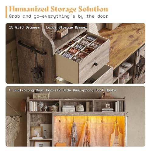 AMERLIFE Rustic Gray 7-in-1 Farmhouse Hall Tree for Entryway Organizing with 12 Shoe Cubbies and 7 Coat Racks