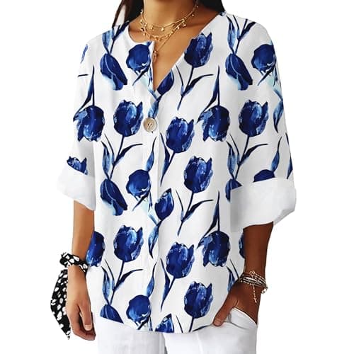 Bivenant Women's Floral Blouses Vintage Cotton Linen Button V-Neck T-Shirts 3/4 Sleeve Boho Tunic Tops for Summer
| Wom