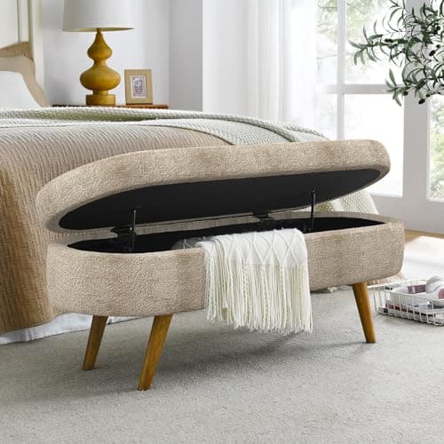 Dark Green Linen Fabric Upholstered Oval Storage Bench with Solid Wood Legs for Living Room/Bedroom/End of Bed/Entryway