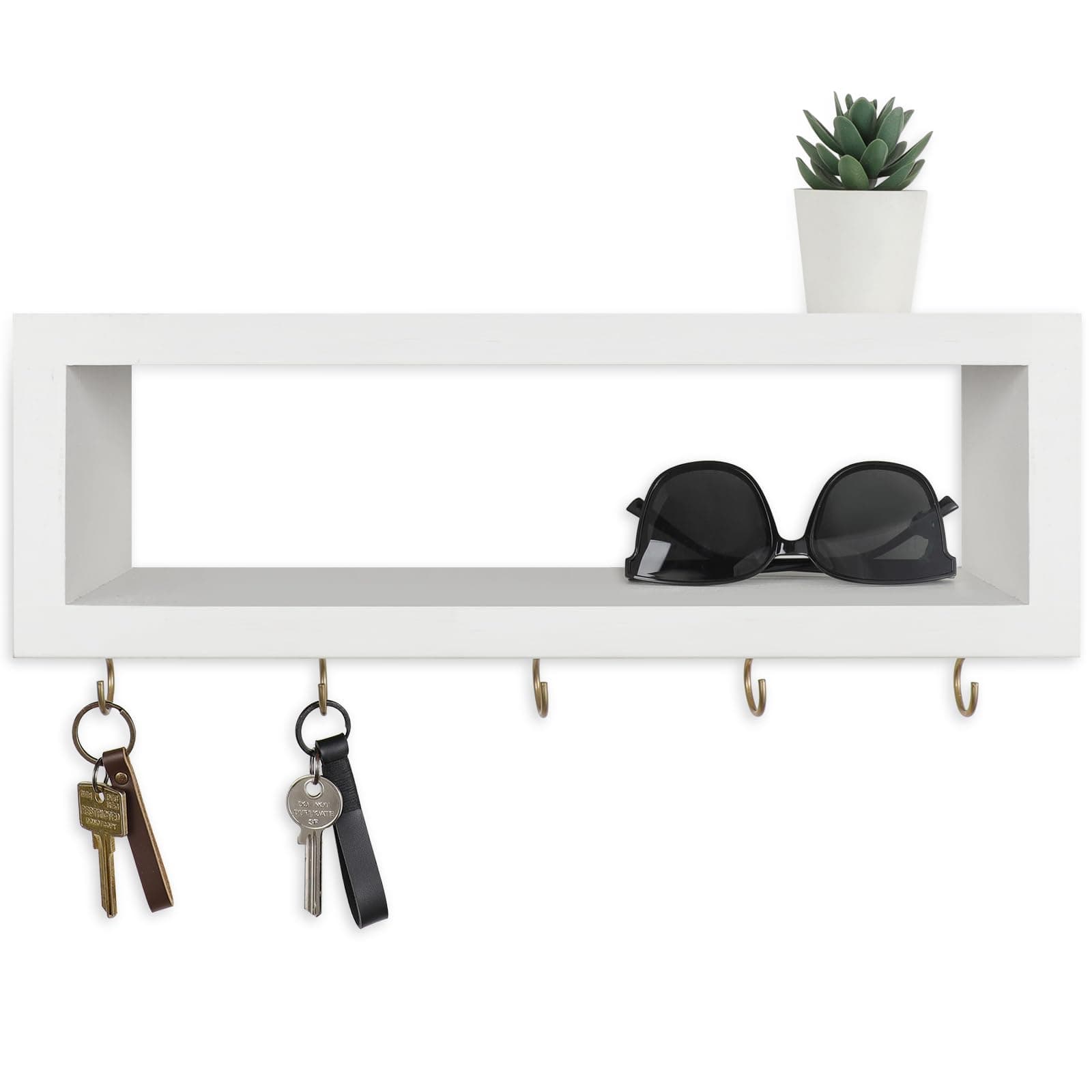 Decorative Wall Shelf with Hooks for Entryway Holds Sunglasses and Leashes (White)
| Paulownia Wood Wall Organizer Shel