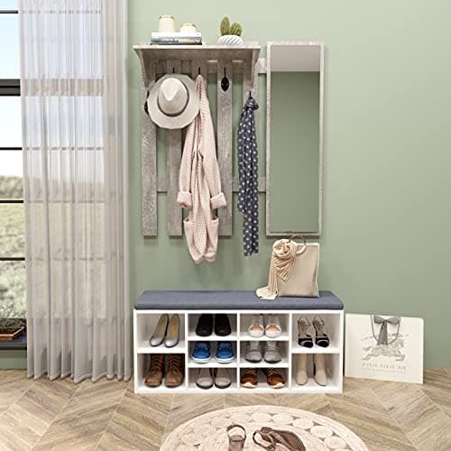 Modern Grey 39.4" Wall Mount Coat Rack with Mirror and 5 Hooks for Hallway and Entryway (Storage Included)