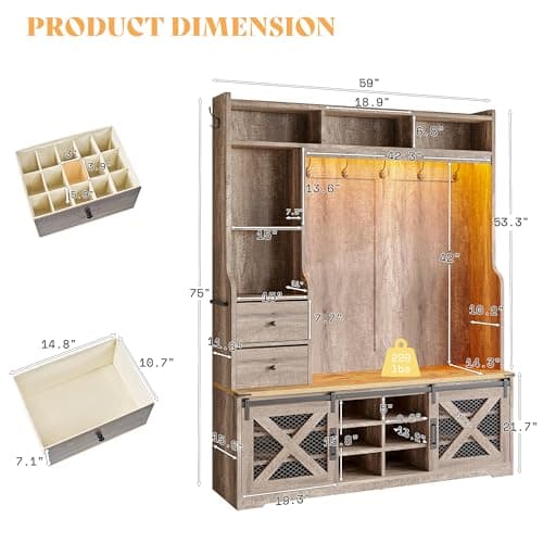 AMERLIFE Rustic Gray 7-in-1 Farmhouse Hall Tree for Entryway Organizing with 12 Shoe Cubbies and 7 Coat Racks