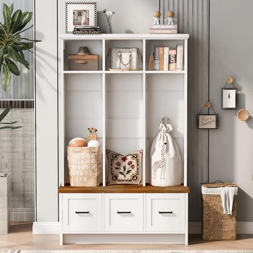 Modern Hall Tree with Entryway Bench, Storage, and Anti-Tipping Device for Living Room and Hallway, Black