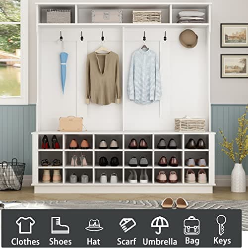 White Wide Hall Tree with Shoe Storage Bench, 18 Shoe Storage Cube & 3 Top Cube, Modern 4-in-1 Entryway Coat Rack for Ha