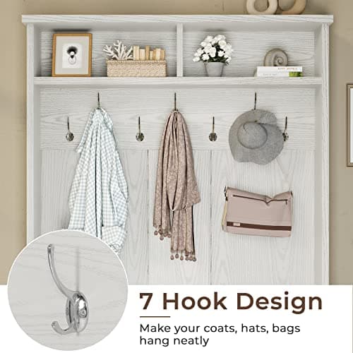 Itaar Embossed White 3-in-1 Entryway Bench with Coat Rack and Shoe Storage