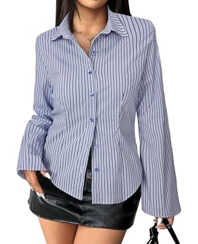 Gleeivy Women's Striped Button Down Shirts Y2k Crop Tops V Neck Collared Slim Fit Blouses Flare Sleeve Streetwear