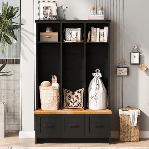 Modern Hall Tree with Entryway Bench, Storage, and Anti-Tipping Device for Living Room and Hallway, Black